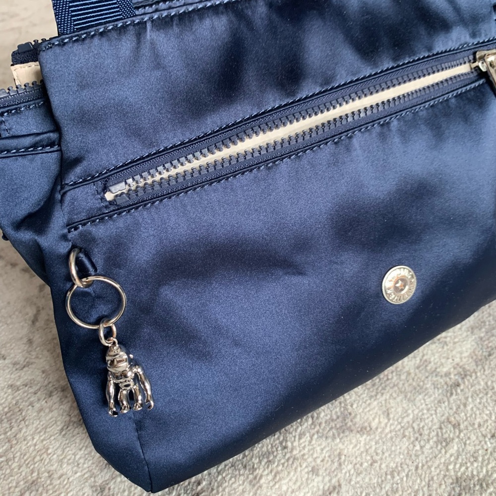 Elysia Kipling Navy Nylon/satiny purse with Silver Monkey Charm